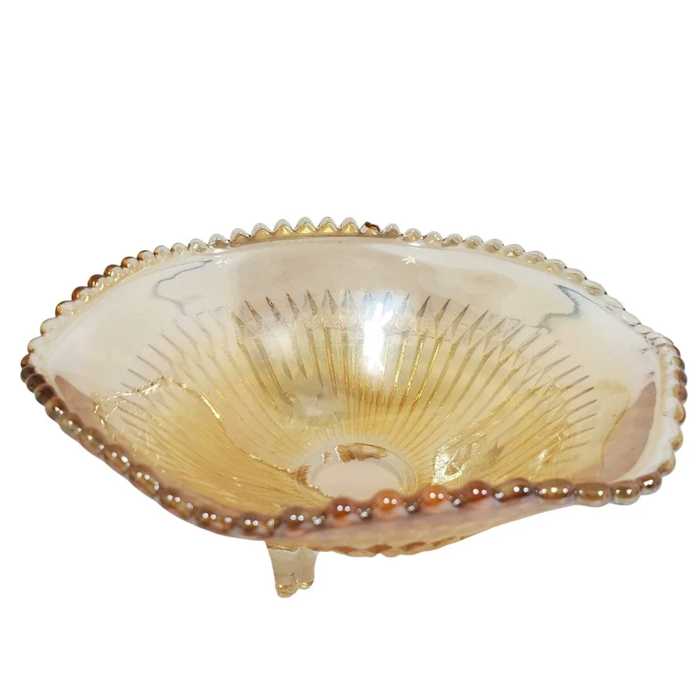 Indiana Glass Marigold Carnival Glass Footed Bowl Amber‎ Iridescent Sawtooth Rim